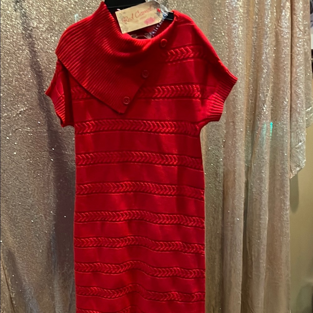 Red Camel Red Knit Midi Sweater Dress with Buttoned Foldover BUTTONED Collar NWT